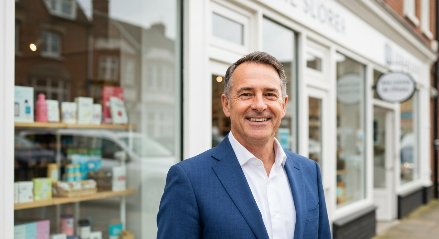 Friendly local business owner standing outside their shop