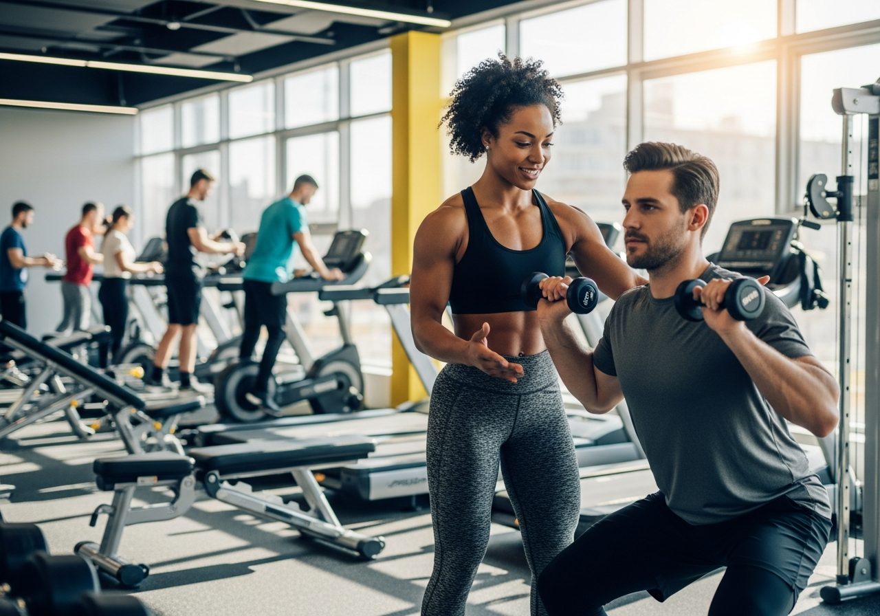 Modern Australian fitness studio with a personal trainer helping a client