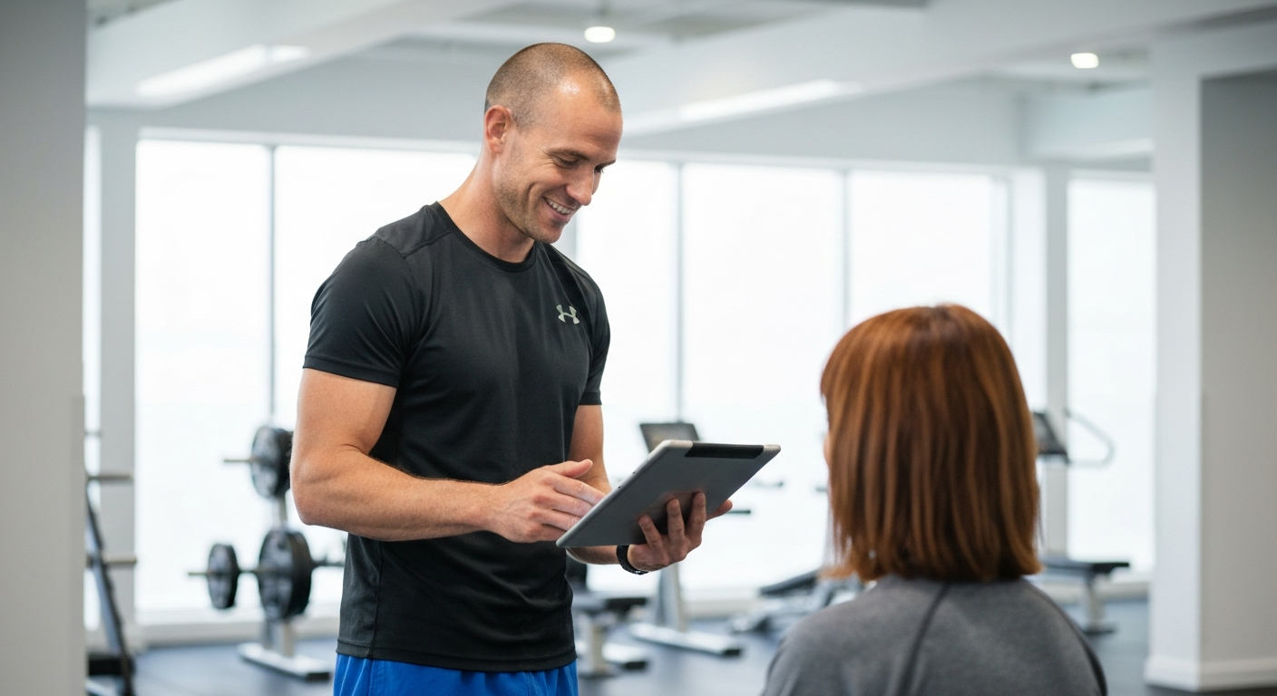 Professional Australian personal trainer showing a workout plan on a tablet to a client in a modern gym