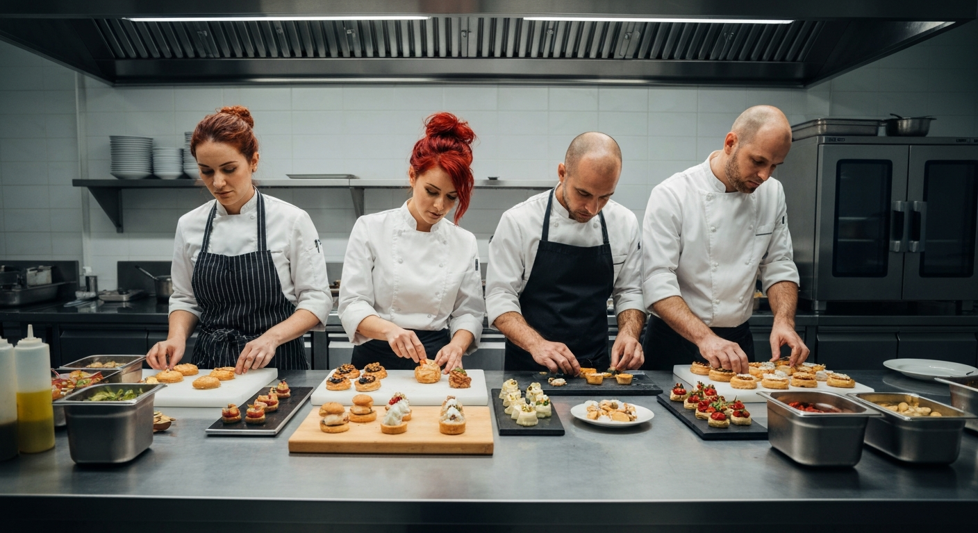 High-end catering team preparing beautiful hors d'oeuvres