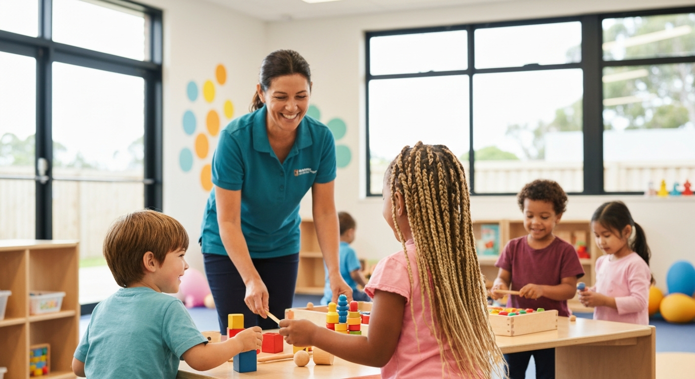 Happy children playing in a modern Australian daycare centre