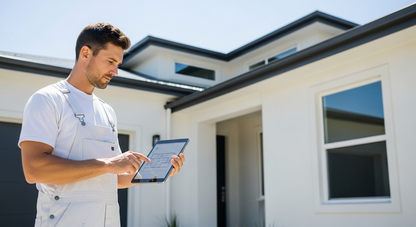 Professional painting contractor reviewing a digital tablet