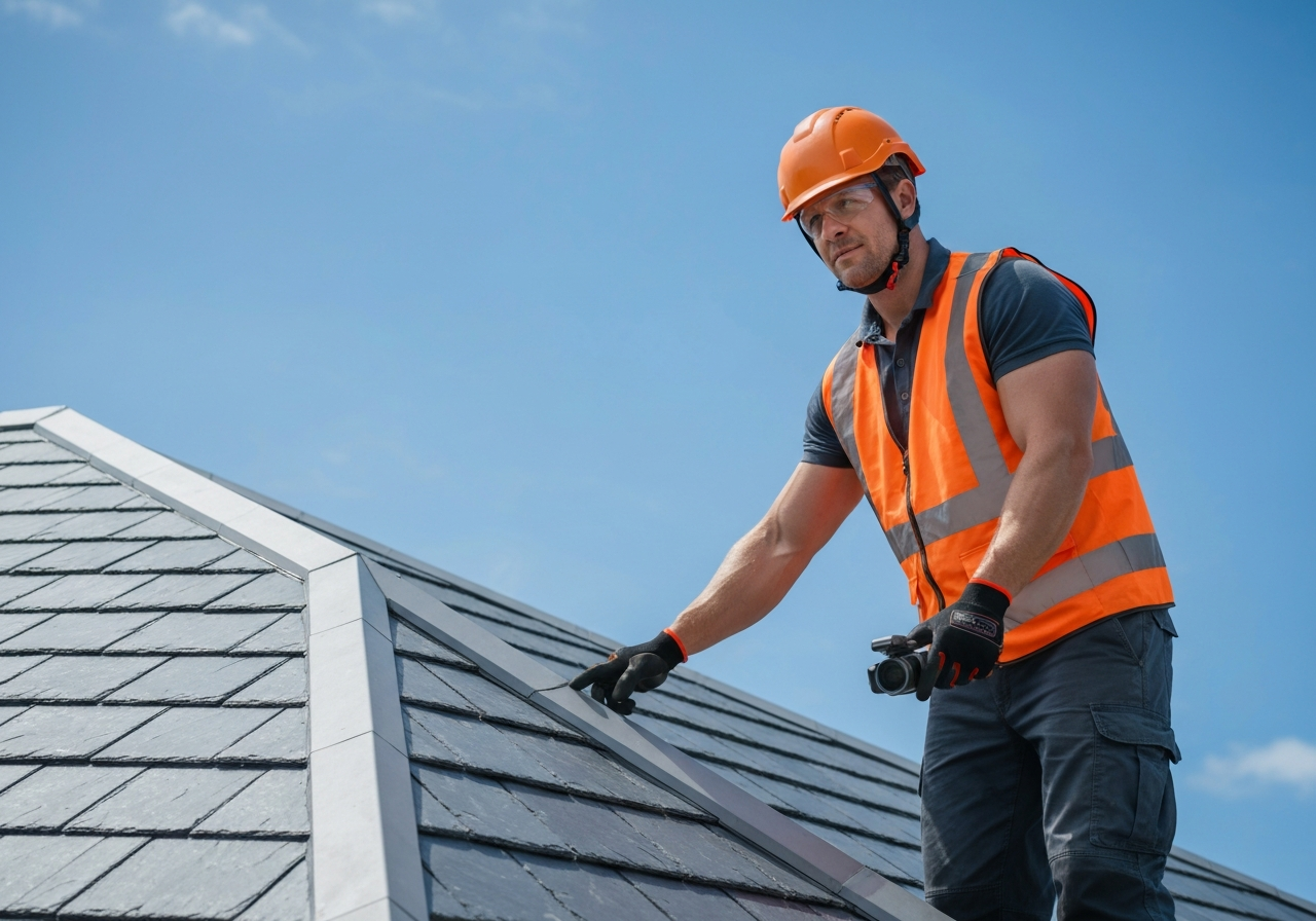 Australian roofing contractor inspecting a modern residential roof