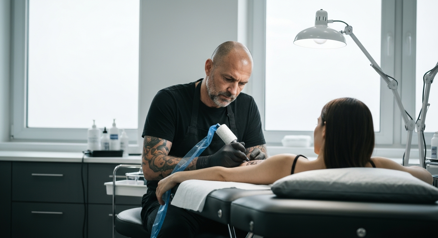 Tattoo artist working in a modern studio