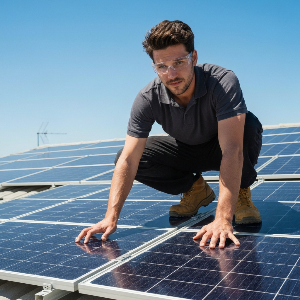 Australian solar panel installer on a bright sunny day
