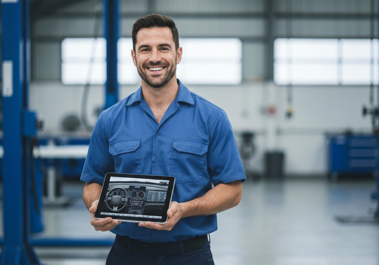 Auto repair shop owner using OmniSAM on a tablet