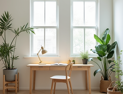 A home office designed in Scandinavian style with light wood furniture, white walls, and green plants.