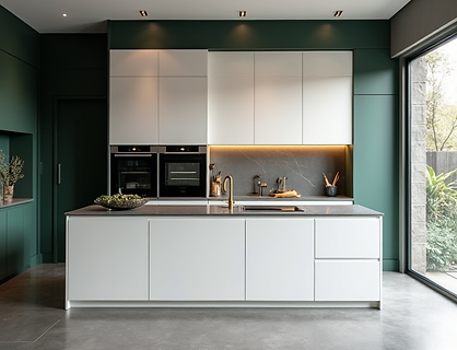 Newly renovated modern kitchen with sleek white cabinets, dark quartz countertops.