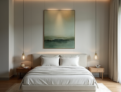 A minimalist bedroom with a low-profile bed, white walls, and a single piece of abstract art.