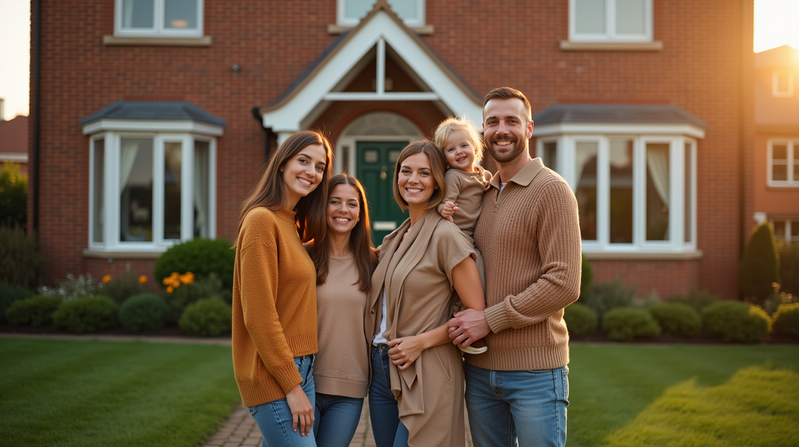 Family in front of brick house