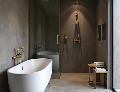 A contemporary bathroom with a freestanding tub, walk-in shower, and dark tile accents.
