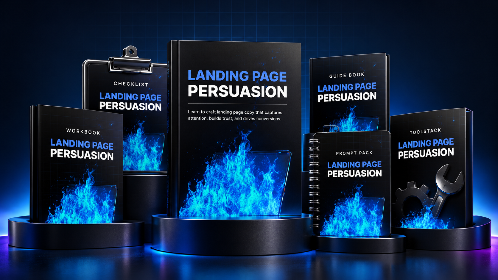 Landing Page Persuasion Toolkit complete 3D stack — Ebook, Checklist, Workbook, Guide, Prompt Pack and Toolstack