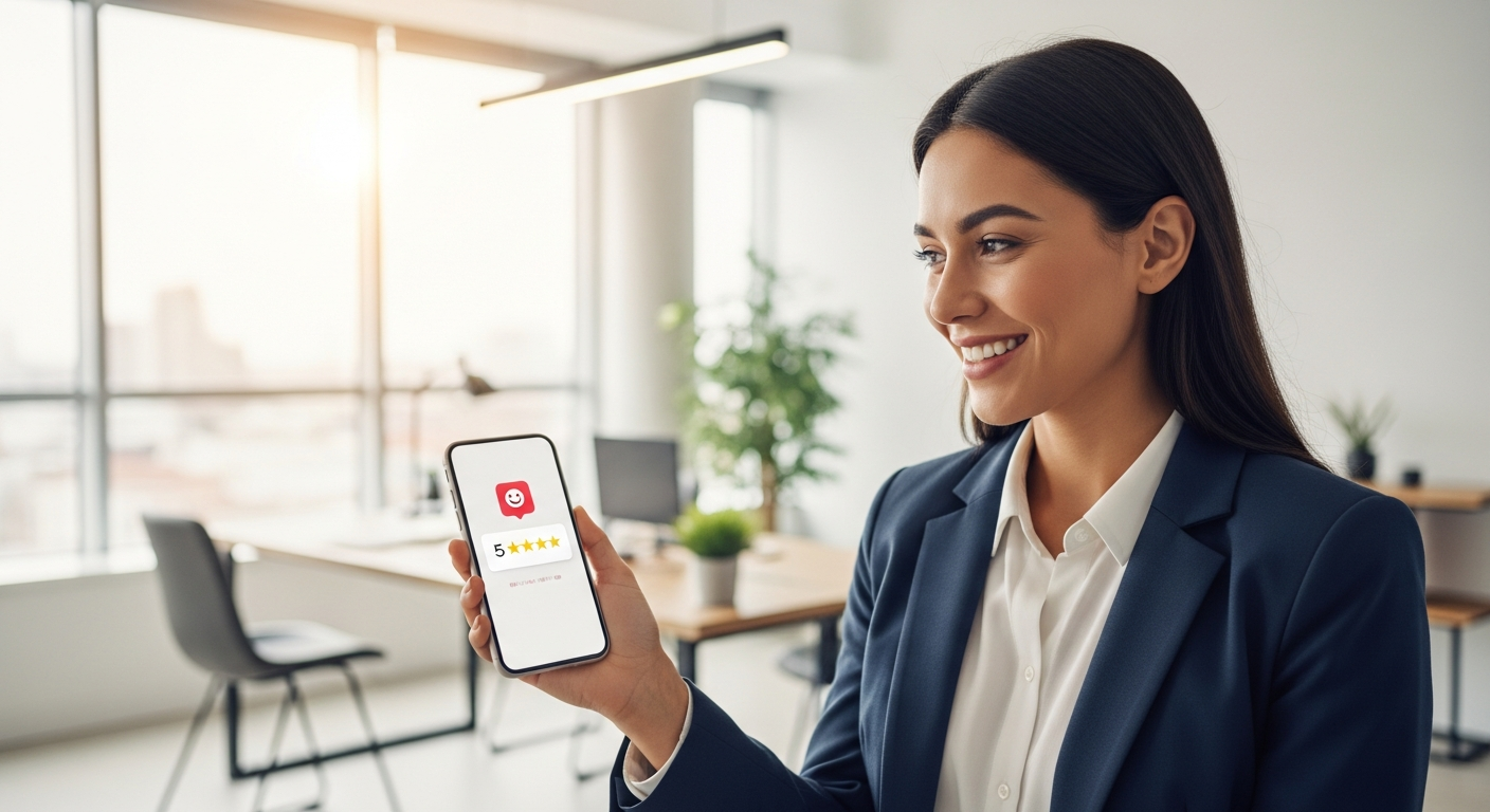 Business owner looking at 5-star reviews