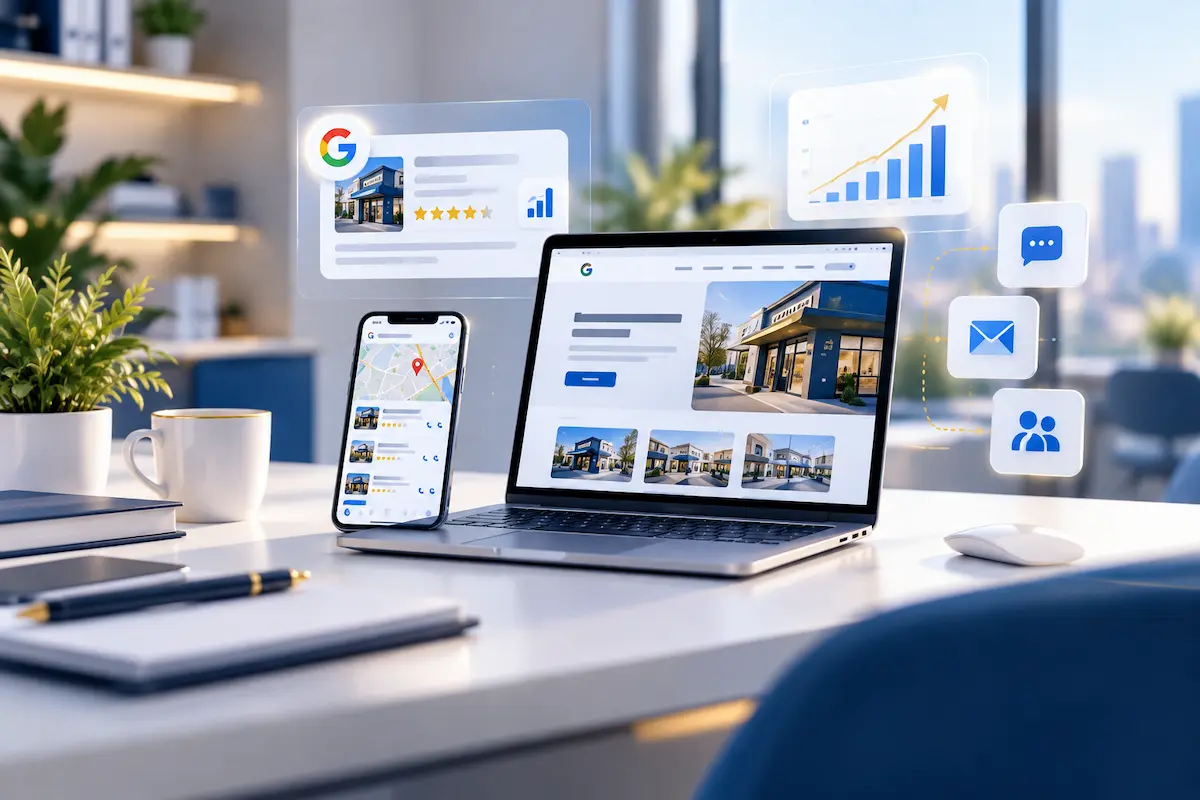 Laptop displaying local business website, Google Business Profile optimization, local search results, and marketing analytics