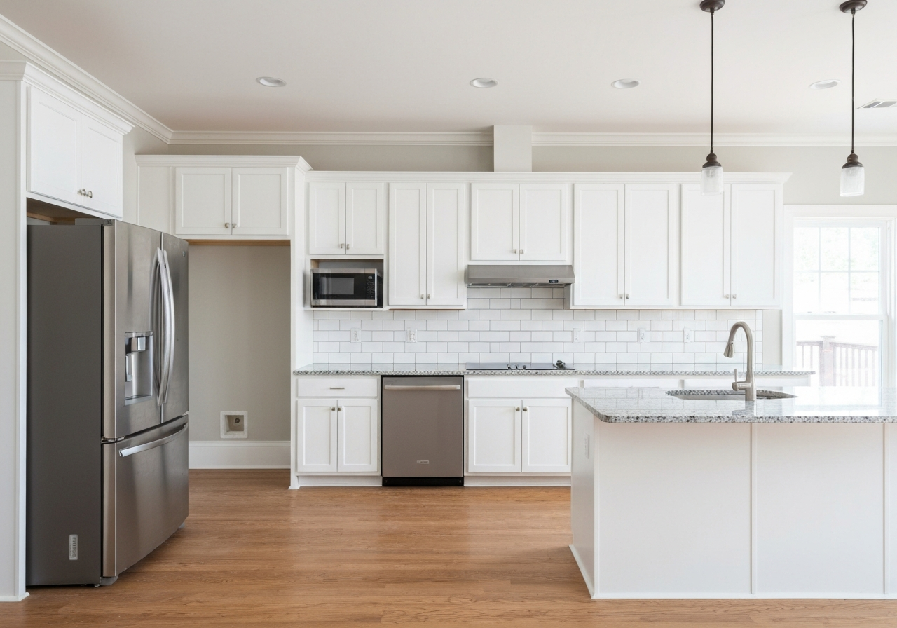 Freshly painted white kitchen cabinets