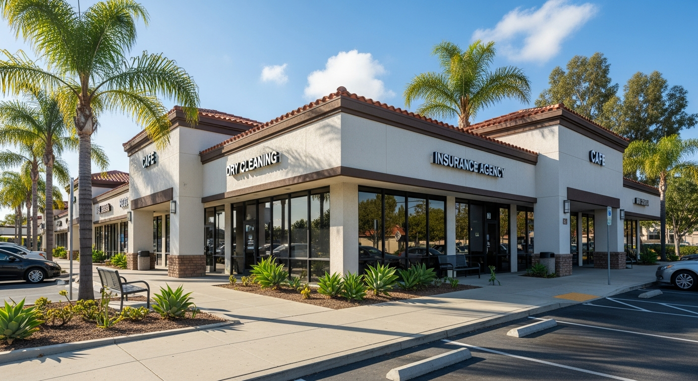 Moderate, well-maintained commercial retail strip center or suburban office building in Southern California