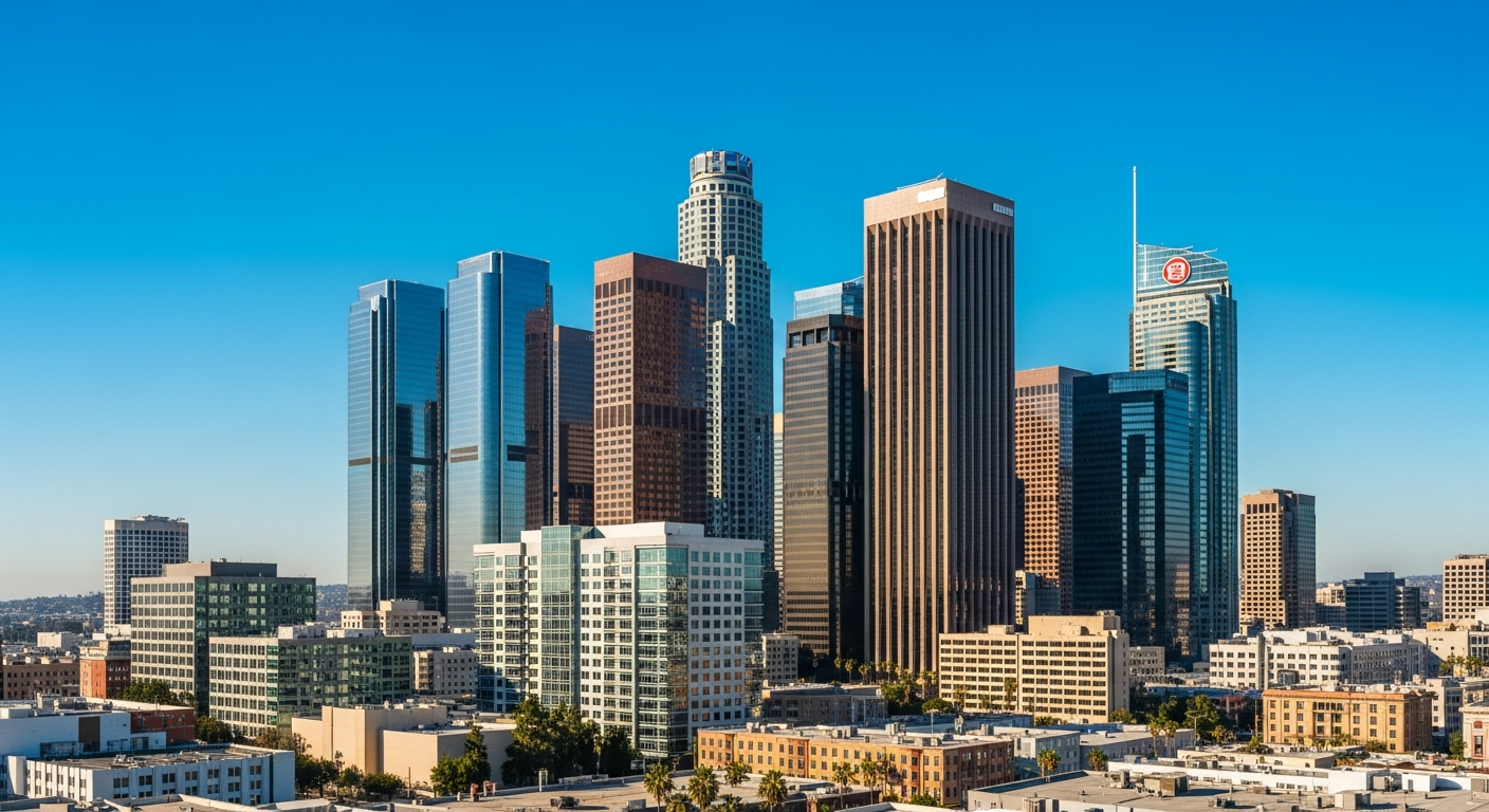 Aerial view of downtown Los Angeles commercial real estate buildings and skyline