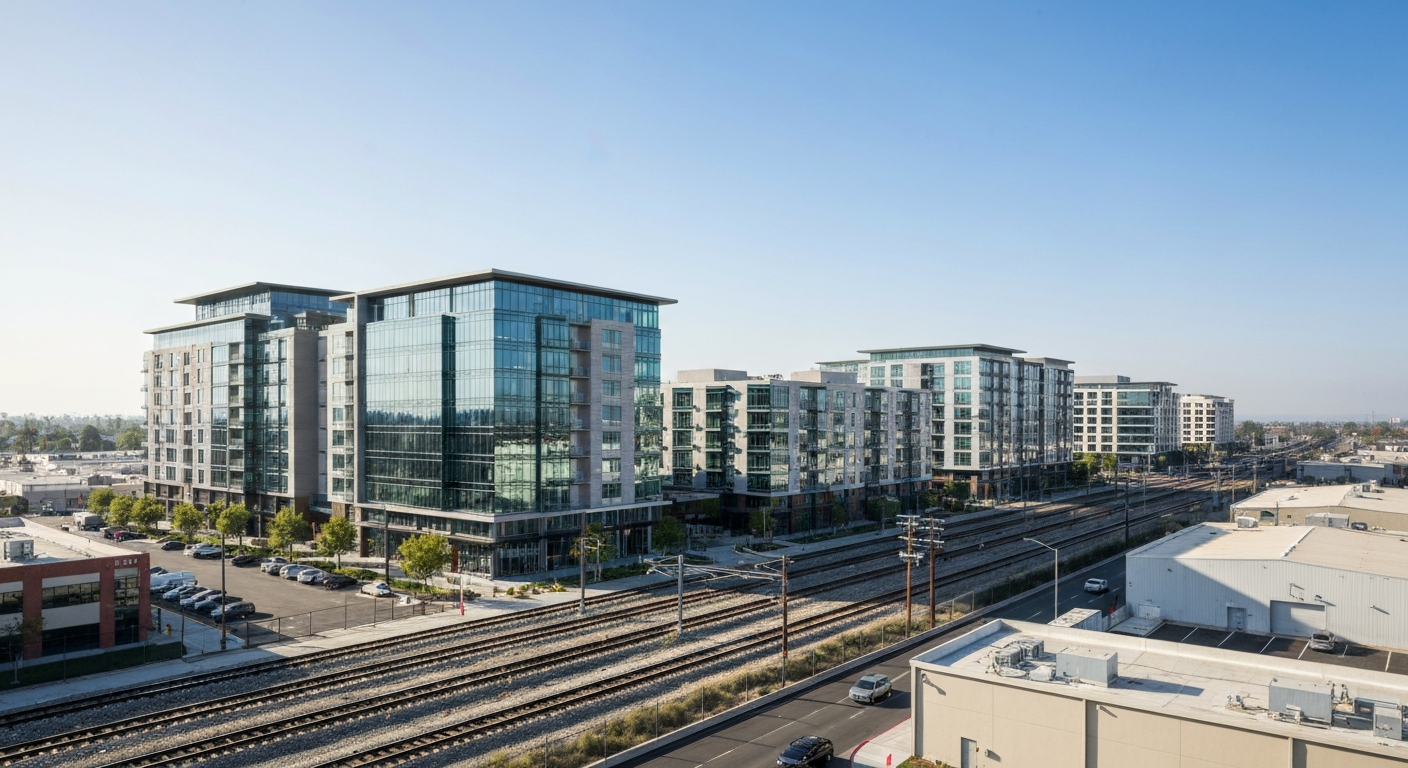Commercial buildings and downtown real estate in Pomona, California