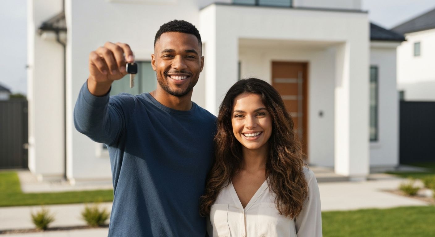 Happy couple buying their first home