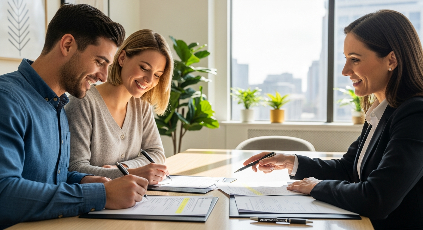 Couple signing mortgage documents with loan officer