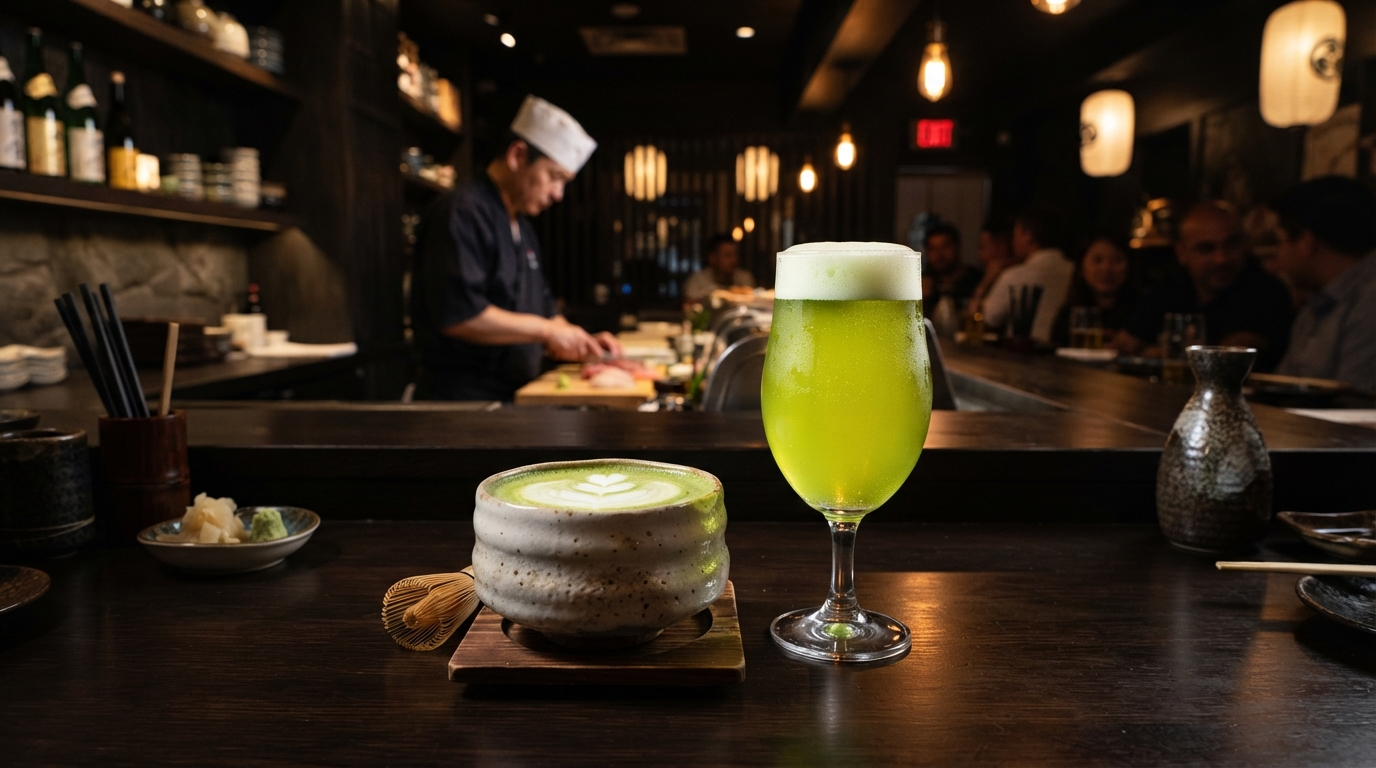 Matcha latte and matcha beer served at Sake Sushi Bar and Lounge in Montrose CA