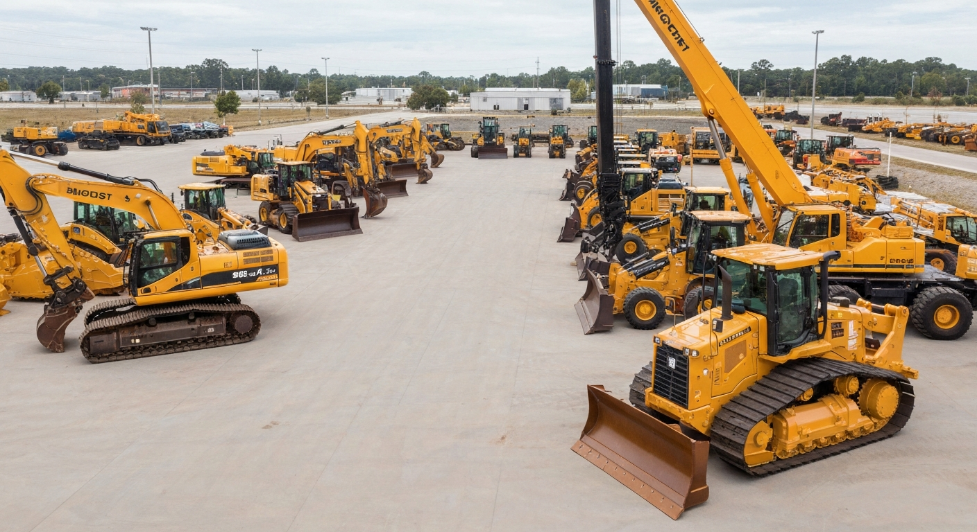 Construction equipment at a rental dealership lot