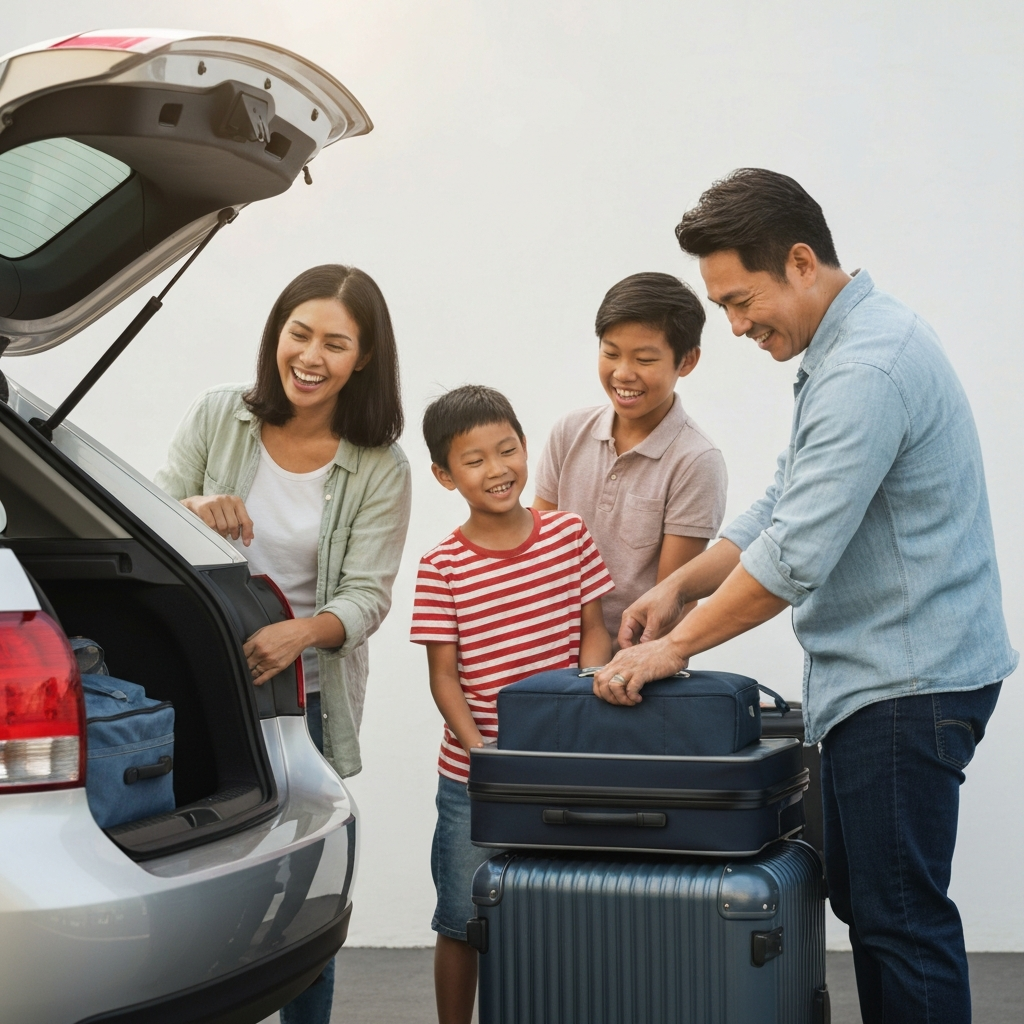 Happy family loading luggage into their car trunk representing reliable auto insurance protection in NC