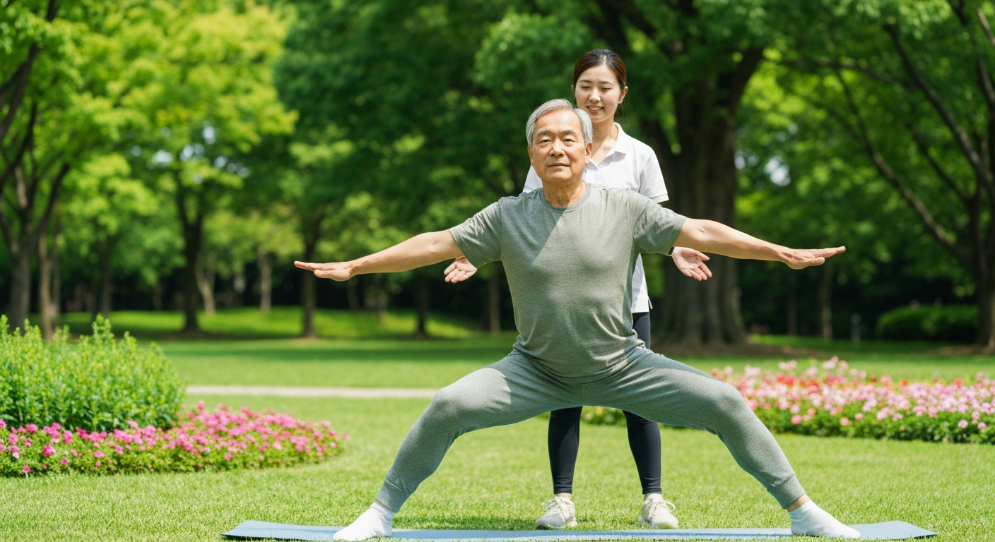 Active senior engaging in light exercise with a supportive caregiver