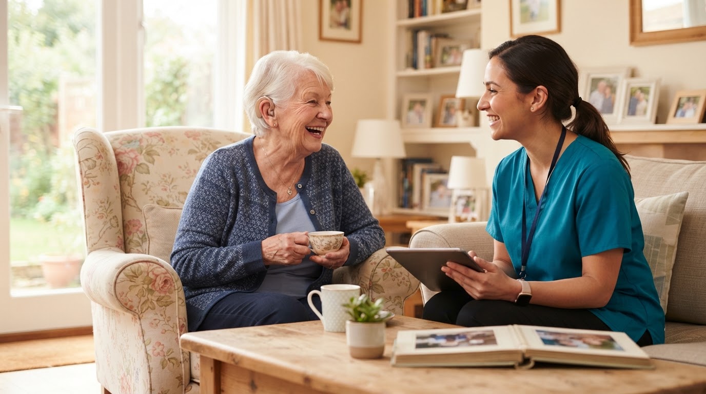 Senior woman smiling while wearing a modern hearing aid and conversing with a caregiver in a bright living room