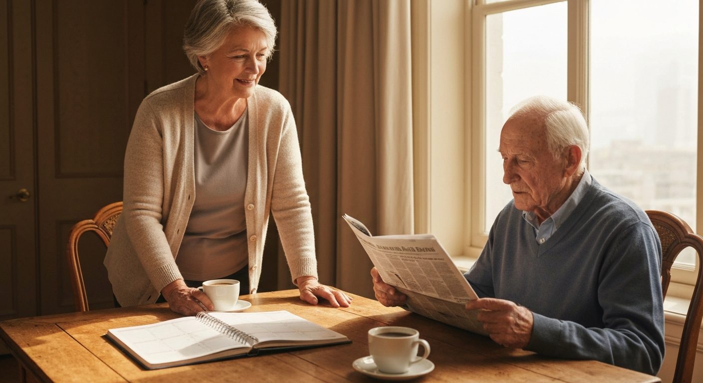 Caregiver and senior looking at a daily planner