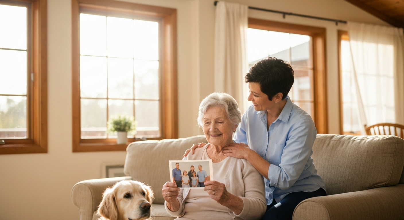 Caregiver supporting an elderly person with dementia
