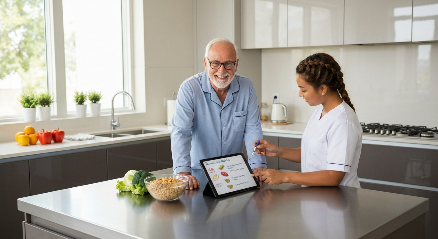 Senior and caregiver discussing healthy meal planning for diabetes