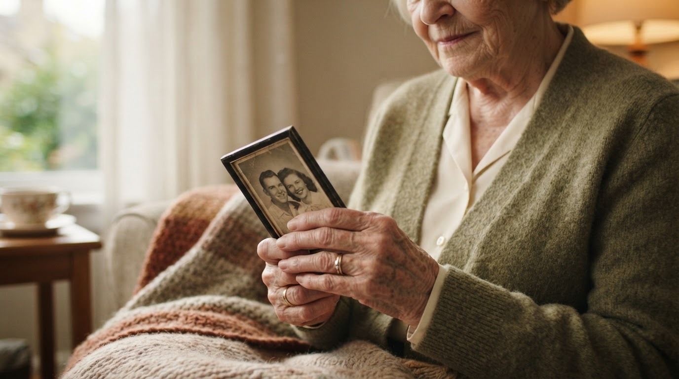 Senior's hands gently holding a small keepsake photograph in soft window light
