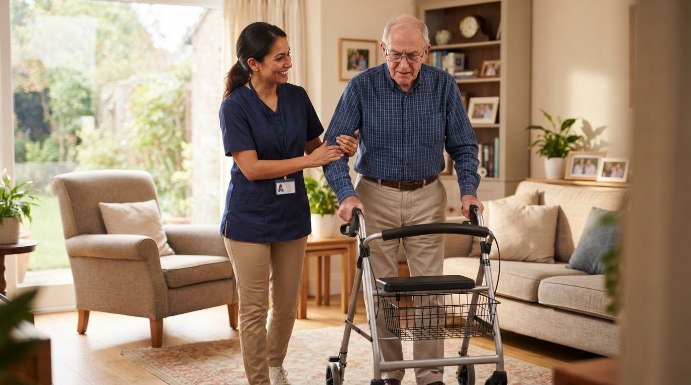 Caregiver gently supporting a senior man with Parkinson's disease as he walks with a walker in a sunlit living room