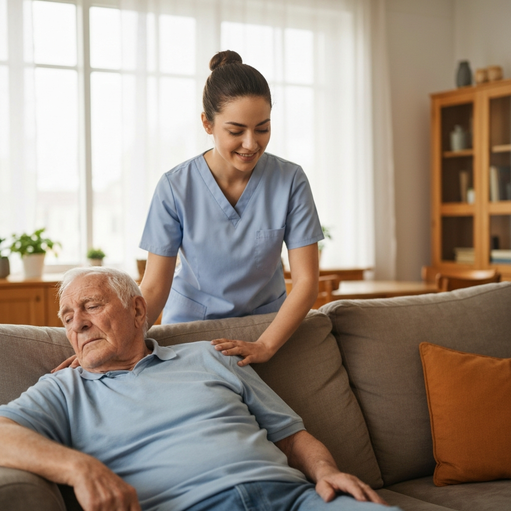 Compassionate professional caregiver supporting an exhausted family member