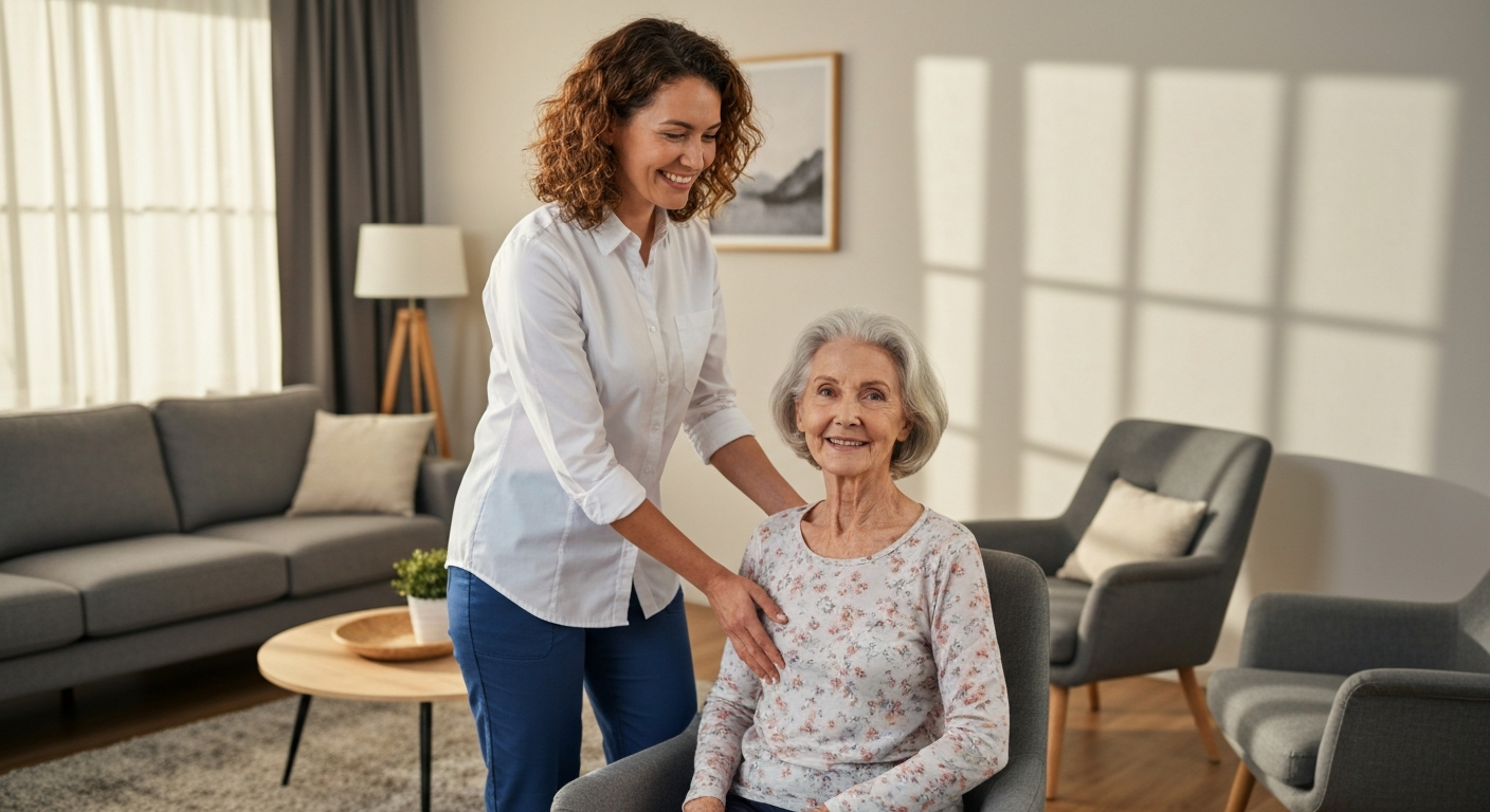 Compassionate caregiver supporting an elderly woman with a gentle touch