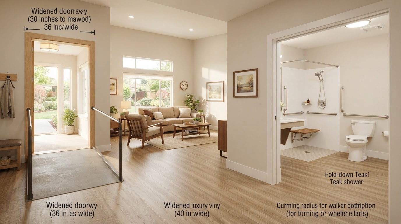 Bright modern accessible senior home interior with grab bars in bathroom, ramp at entrance, and widened doorways for aging in place