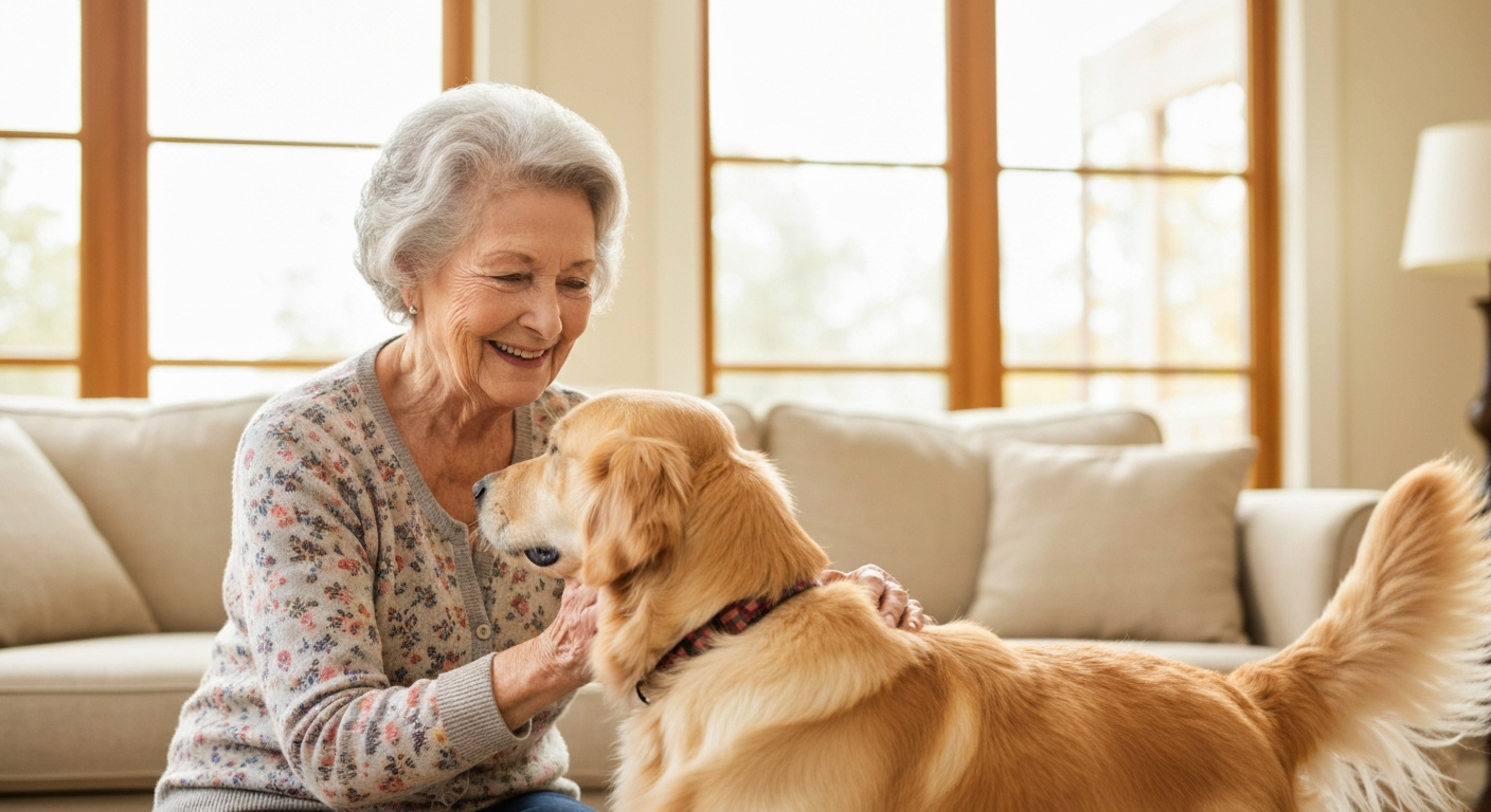 A senior smiling while petting a gentle dog