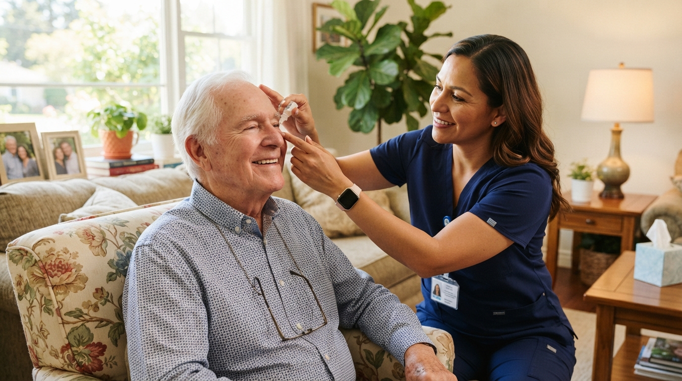 Senior man smiling while an in-home caregiver helps him apply eye drops in a bright living room