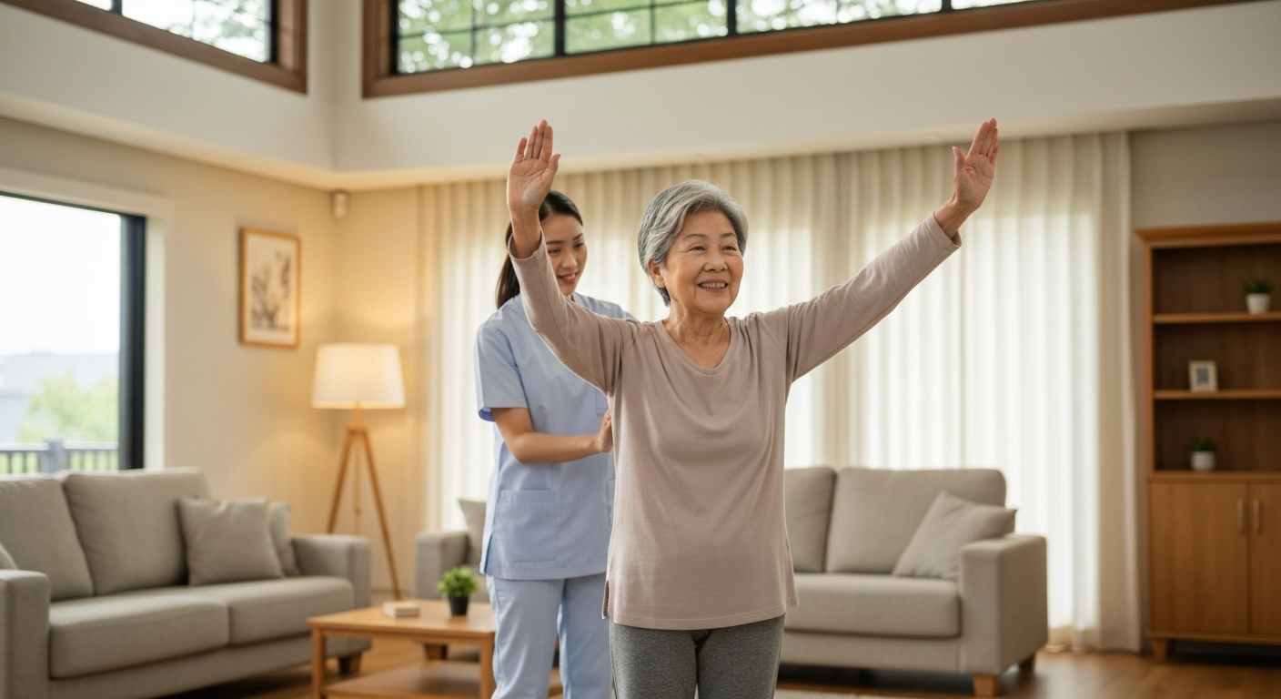Senior woman smiling while doing gentle stretching exercises in a bright, comfortable living room, with a caregiver nearby offering support