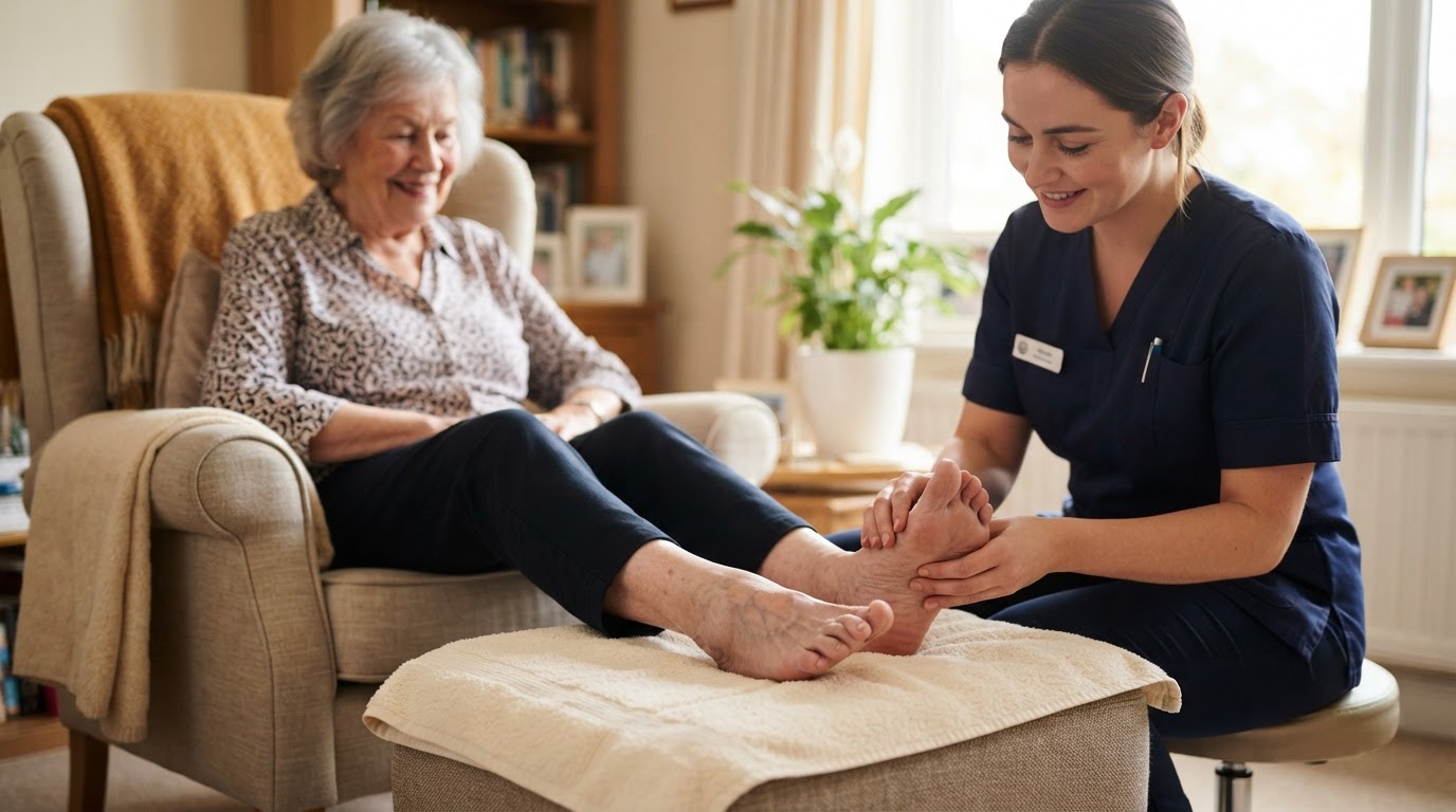 Caregiver gently inspecting and caring for a senior's feet on a soft towel