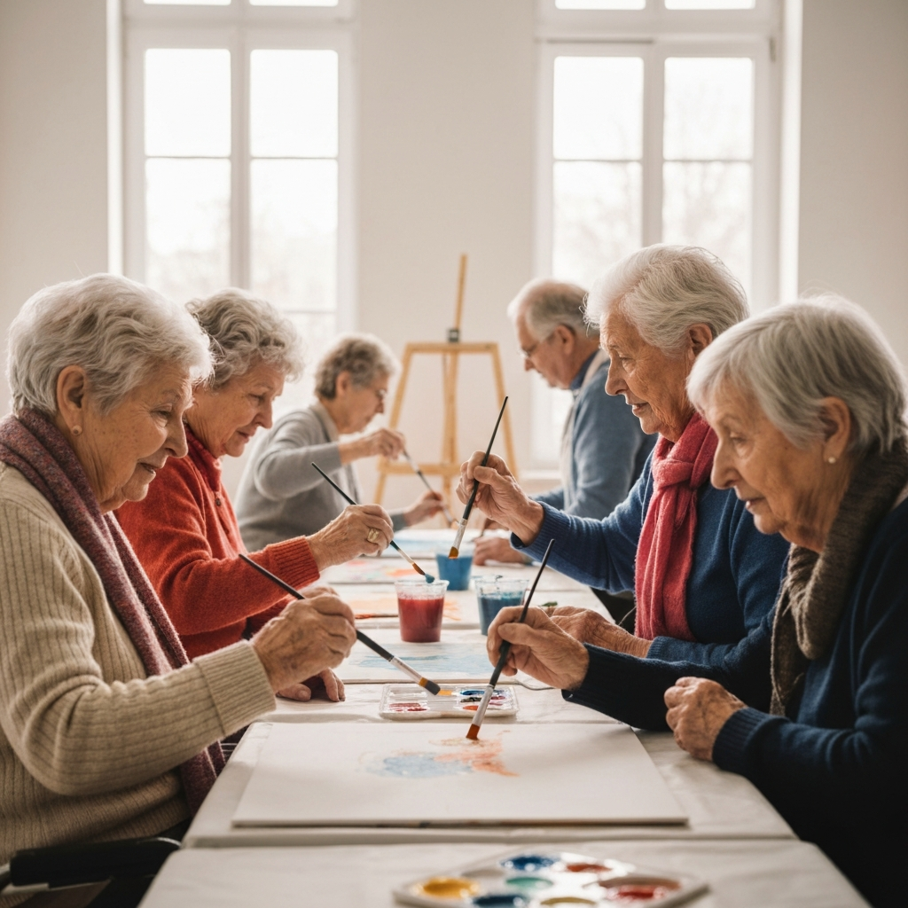 Seniors engaging in an art therapy painting class