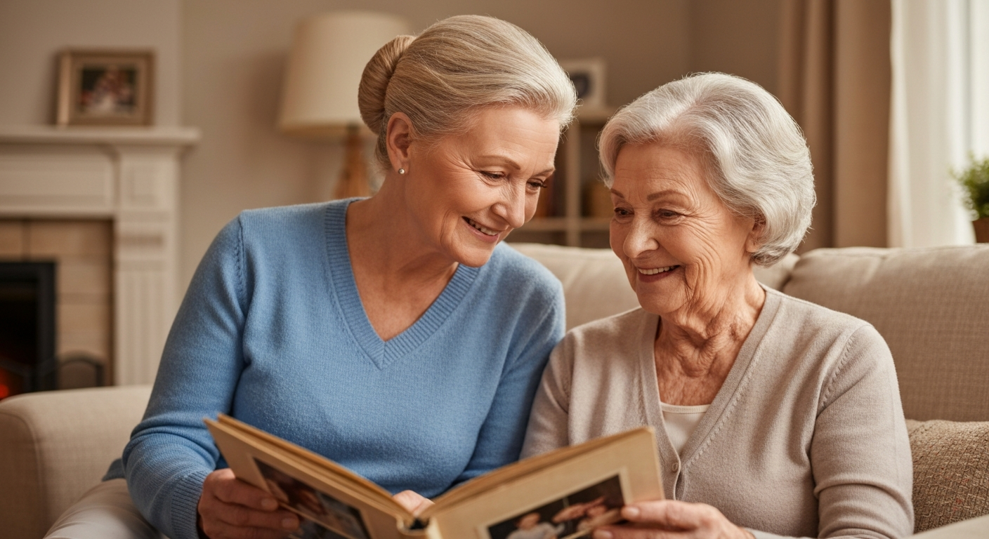 Caregiver and senior looking at photo album