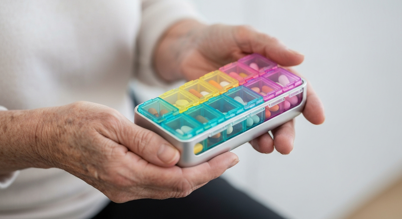 Hands organizing pills in a container