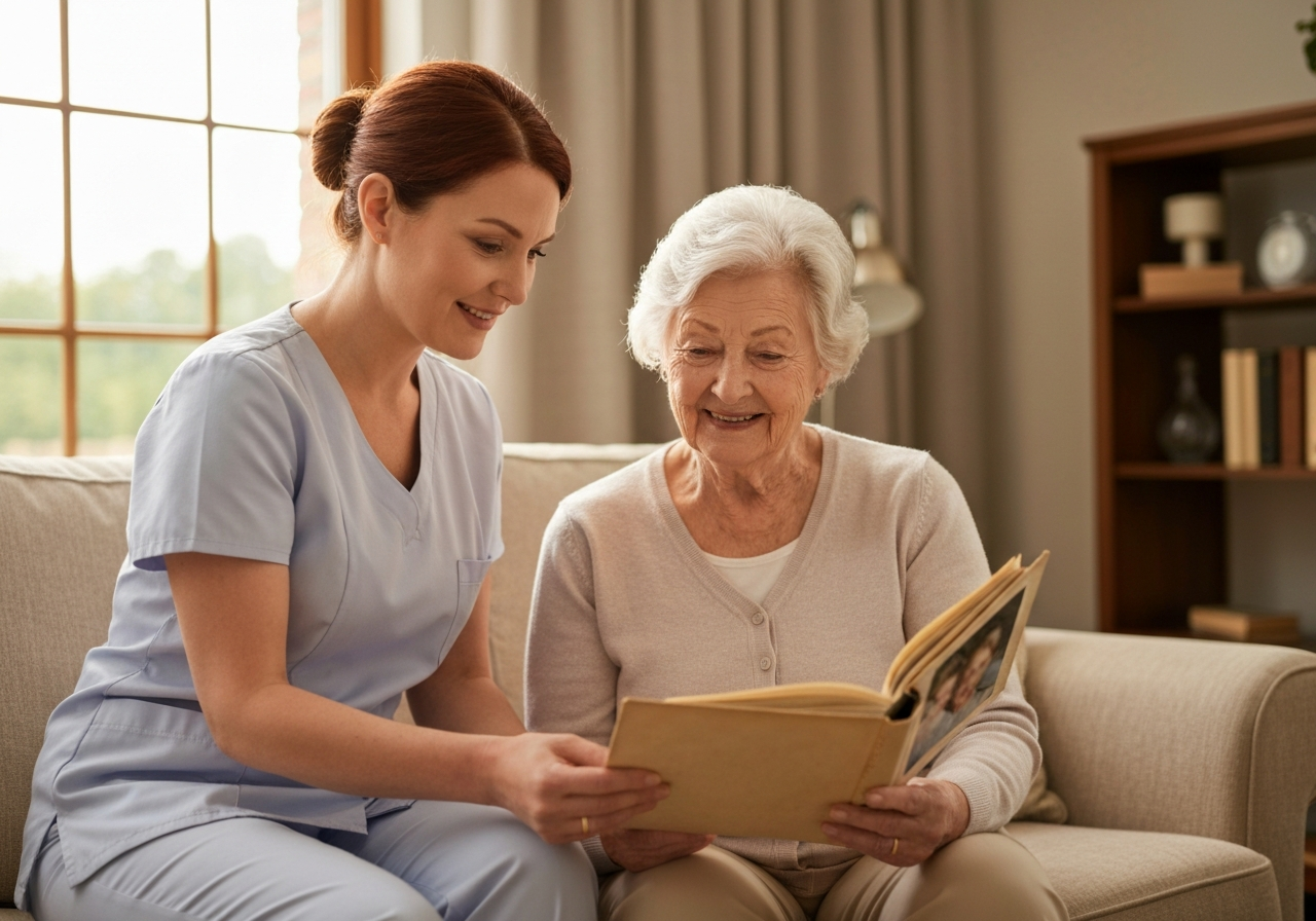 Caregiver looking at photo album with senior