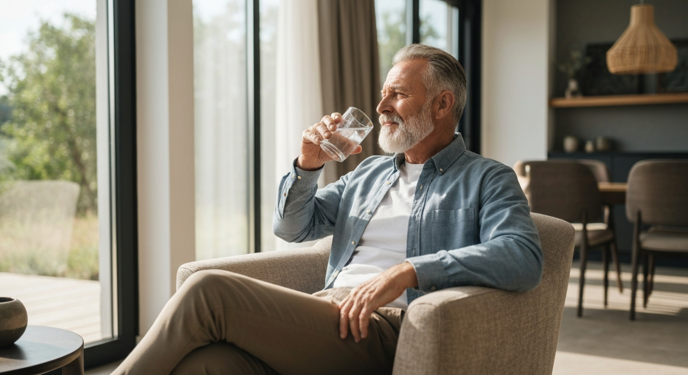 A senior drinking a glass of water to stay hydrated