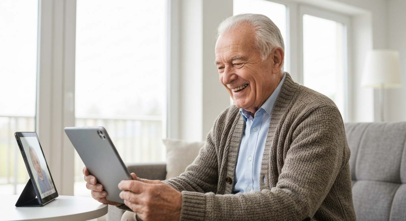 Elderly man using a modern tablet with a smile