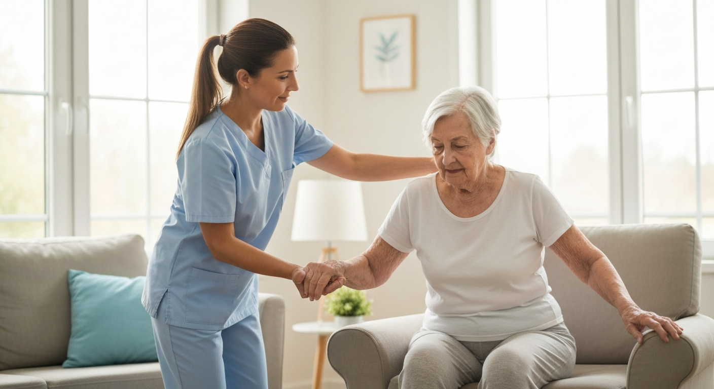 Caregiver helping an elderly stroke survivor with gentle physical therapy exercises