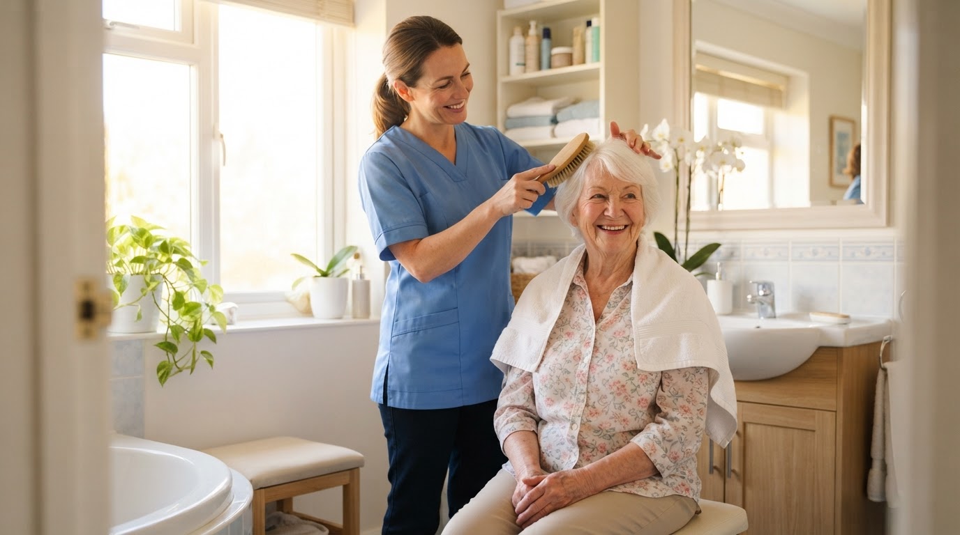 Friendly home caregiver gently helping a smiling elderly woman with grooming and brushing her hair in a sunlit bathroom