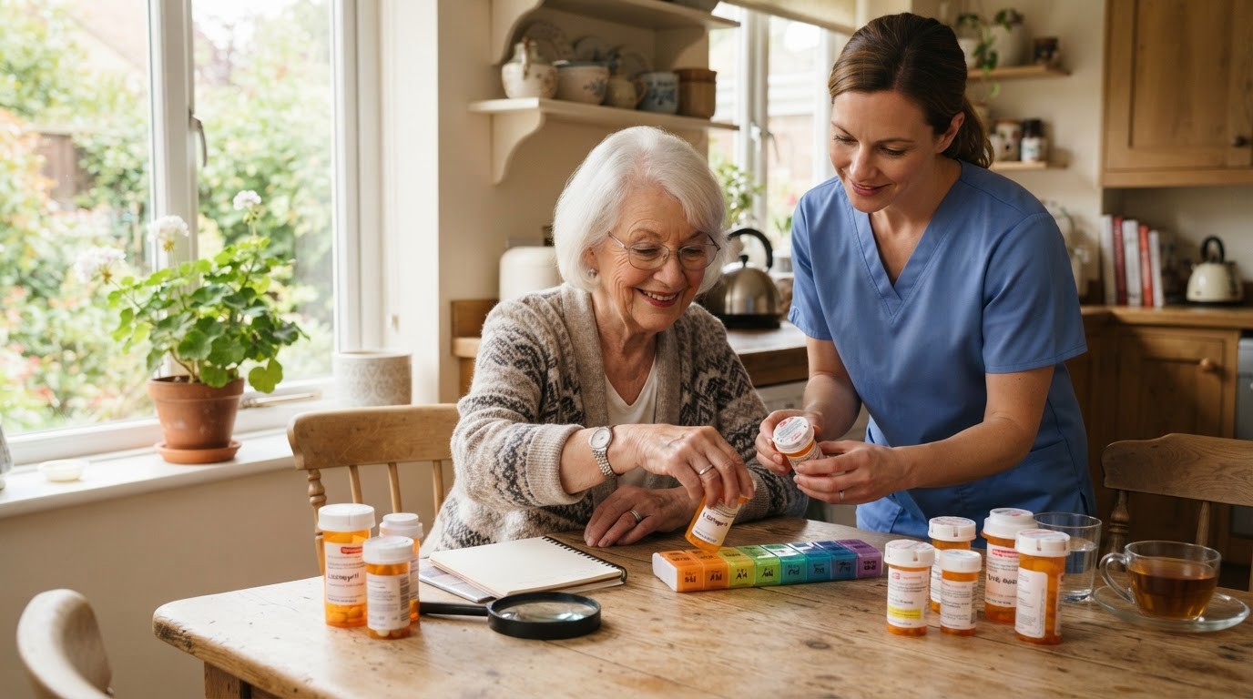 Caregiver assisting a senior woman with medication and a weekly pill organizer at a kitchen table